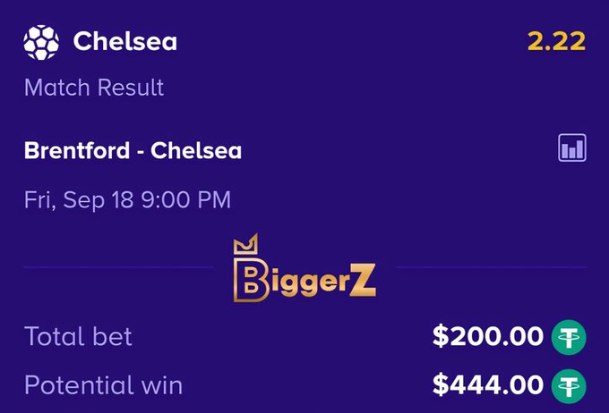 A BiggerZ sports betting app screen showing a Brentford vs Chelsea match result with a $200.00 bet and $444.00 potential win.