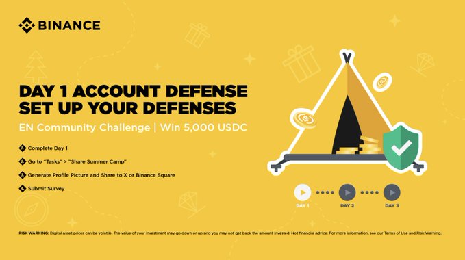 A promotional graphic for 'BINANCE' featuring the headline 'DAY 1 ACCOUNT DEFENSE - SET UP YOUR DEFENSES' for an EN Community Challenge with a prize of 5,000 USDC, displaying a teepee illustration with a shield and coins.
