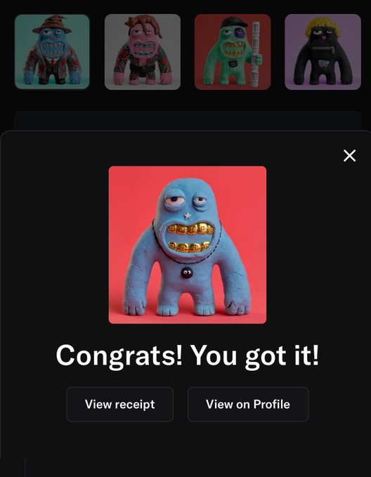 A blue clay-like monster figure with gold grills is displayed in a pop-up with the text "Congrats! You got it!" alongside buttons to "View receipt" and "View on Profile," celebrating the user's successful mint of a Just Toons GTD NFT spot referenced in the post.