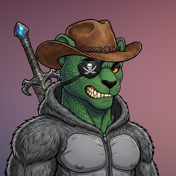 A digital illustration of a green reptilian humanoid wearing a brown cowboy hat and a skull-and-crossbones eye patch, grinning to reveal sharp teeth, with a sword strapped to its back.