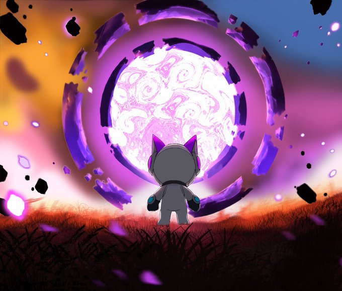 A digital artwork featuring a small gray cat-like character wearing headphones standing in a field of tall grass, facing a glowing purple portal or portal-like sphere with floating debris against a dramatic orange and blue sky.