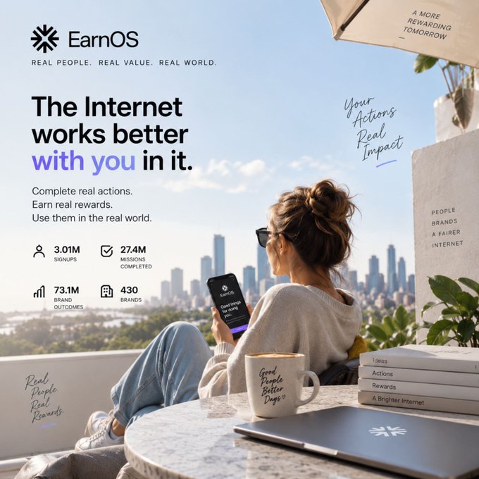 A promotional graphic for 'EarnOS' featuring a woman sitting on a balcony overlooking a city skyline while using her phone, with the tagline 'The Internet works better with you in it,' along with metrics showing 3.01M signups, 27.4M missions completed, 73.1M brand outcomes, and 430 brands.