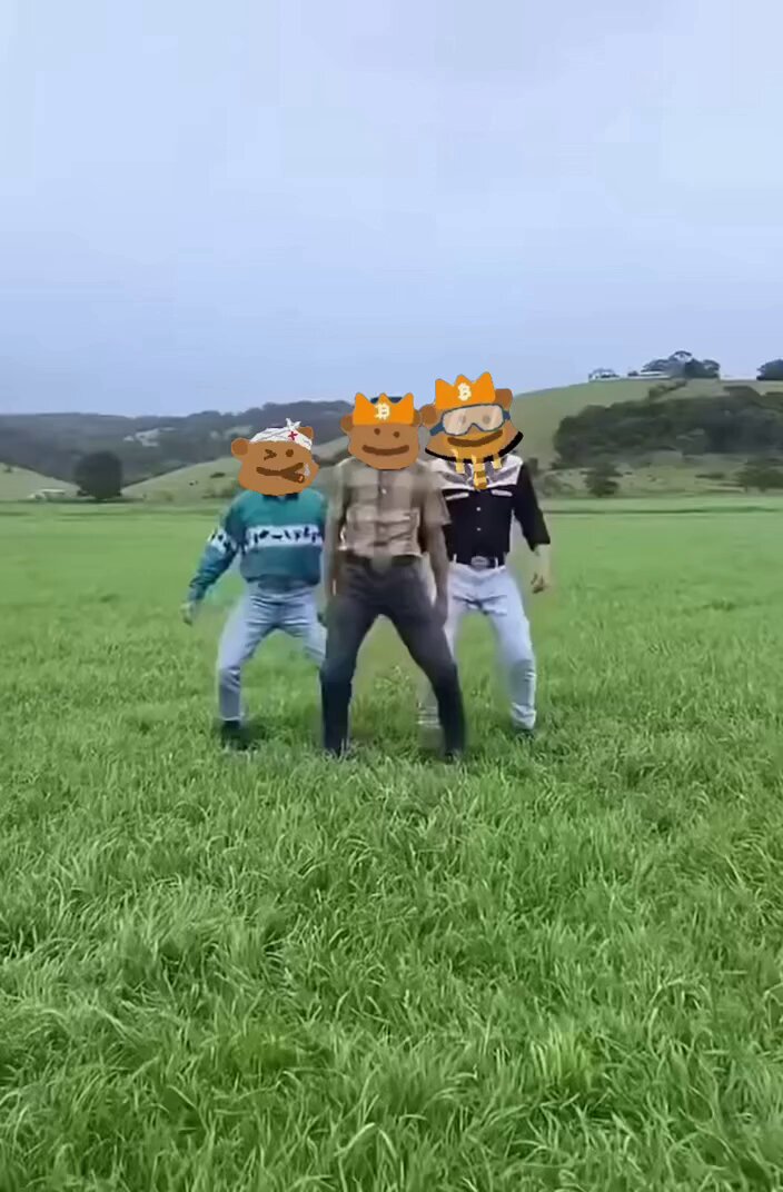 The image features three people standing together in a grassy field, each wearing a pumpkin head costume with orange faces and brown bodies. The person on the left has their face turned away from the camera, while the other two are facing forward. They appear to be posing for a photo or participating in an event related to Halloween or a similar theme.