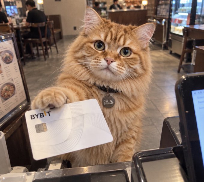 An orange tabby cat named 'Billi' (visible on its name tag) stands on its hind legs behind a counter, placing its paw on a white Bybit credit card in a restaurant setting.