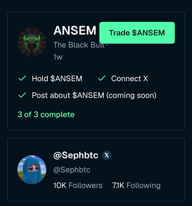A dark-themed crypto interface displays a completed task card for 'ANSEM - The Black Bull' with a 'Trade $ANSEM' button, showing 3 of 3 tasks complete alongside a Twitter profile for @Sephbtc.