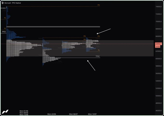 A 'TPO Native' market profile chart for btcusd showing Point of Control (TPOC), Poor Highs (PH), and Poor Lows (PL) zones with arrows pointing to key levels around 63,954.