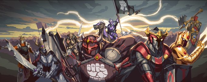 A promotional illustration of various Overwatch heroes including Reinhardt, Widowmaker, and others assembled together against a cloudy sky backdrop.