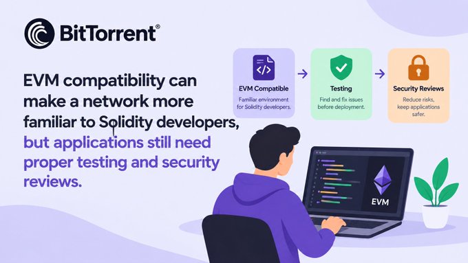 A BitTorrent infographic states "EVM compatibility can make a network more familiar to Solidity developers, but applications still need proper testing and security reviews," showing a person coding with icons for EVM Compatible, Testing, and Security Reviews.