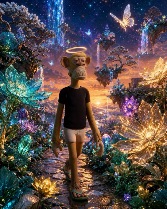 A Bored Ape-style NFT character with a halo walks through a magical fantasy garden filled with glowing crystal flowers, floating islands, and butterflies at twilight.