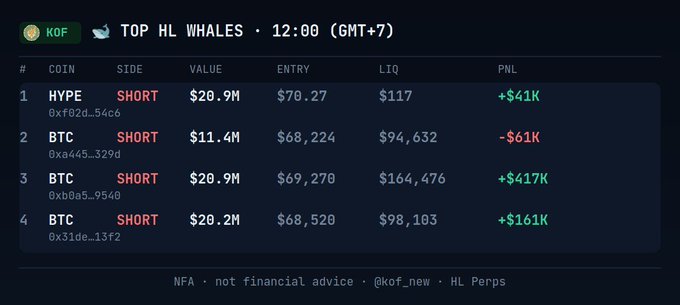 A dark-themed dashboard titled 'TOP HL WHALES · 12:00 (GMT+7)' showing top 4 high-leverage positions, all on the SHORT side, including HYPE, BTC, and BTC trades with PNLs ranging from +$41K to +$417K, plus a disclaimer 'NFA · not financial advice · @kof_new · HL Perps'.