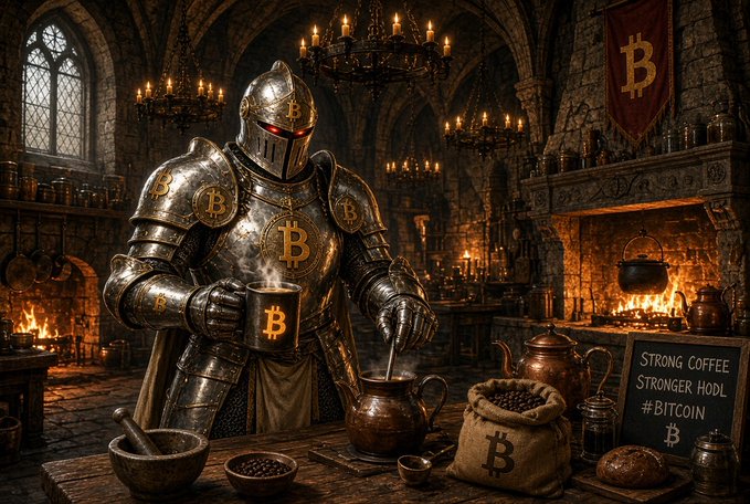 A knight in medieval armor adorned with Bitcoin logos stirs a steaming cup in a stone kitchen, surrounded by Bitcoin-themed signage reading "STRONG COFFEE, STRONGER HODL, #BITCOIN" alongside a burlap sack marked with a "B." The image perfectly captures the post's "BTC Knight" theme, blending medieval valor with Bitcoin dedication to greet fellow crypto holders and encourage stacking sats.