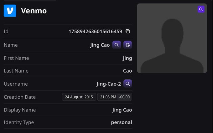 A screenshot of a Venmo profile page displaying account details for "Jing Cao" (username: Jing-Cao-2), with an ID of 1758942636015616459 and account creation date of August 24, 2015, accompanied by a default silhouette avatar. The image supports the post's claim by providing direct Venmo contact information for AscendEX co-founder George (Jing) Cao, allegedly for users to request withdrawals directly.
