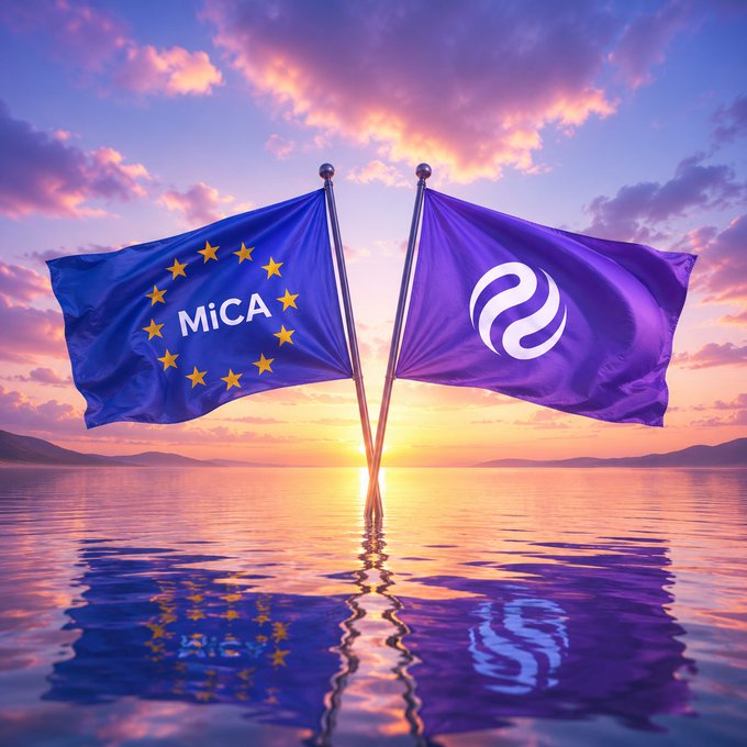 Two flags mounted on poles against a sunset sky over water; one displays 'MiCA' with stars resembling the EU flag, the other shows a purple logo.