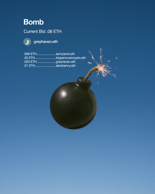 An NFT listing titled "Bomb" with a current bid of .08 ETH by greyhaven.eth, featuring a black cartoon bomb with a lit sparkler fuse against a blue sky, showing a bid history list.