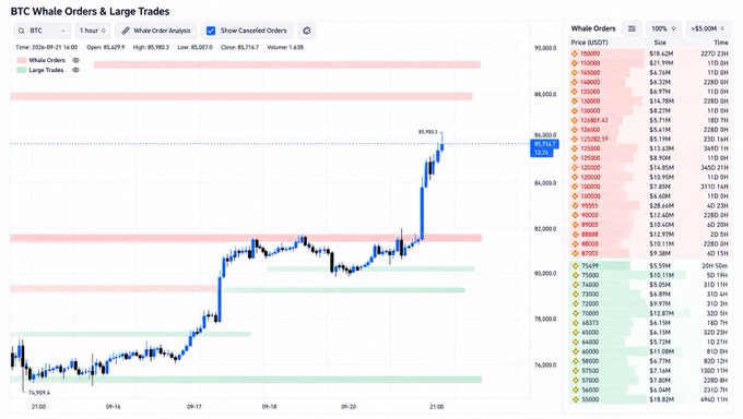 The image displays a BTC Whale Orders & Large Trades chart on a 1-hour timeframe, showing Bitcoin's price climbing to $85,993.2, with significant red sell walls stacked between $86,000 and $90,000 (visible on the right-side order book with large quantities at price levels like $89,000, $88,000, and $86,247.59). This visually confirms the post's claim about heavy sell-side resistance, as the concentration of large limit sell orders above current levels illustrates the supply barrier Bitcoin must overcome to reach $90,000.