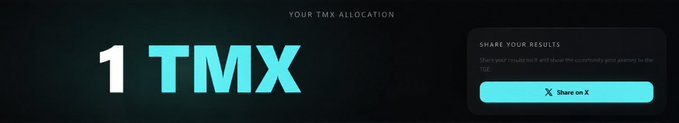 A digital allocation screen displays "YOUR TMX ALLOCATION" of just "1 TMX" with a "Share your results" panel and a "Share on X" button, visually reinforcing the user's frustration over receiving a token airdrop deemed insultingly small.