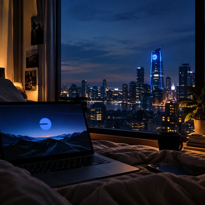 A laptop on a bed in front of a window overlooking a nighttime city skyline with a tall illuminated building.