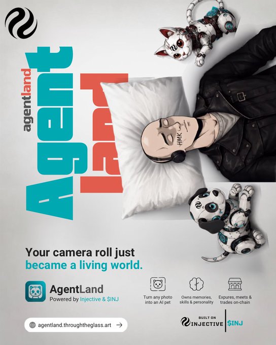AgentLand Pets promotional image showing AI-generated pets from photos with taglines 'Turn any photo into an AI pet', 'Owns memories, skills & personality', 'Expires, meets & trades on-chain', powered by Injective & SINJ.