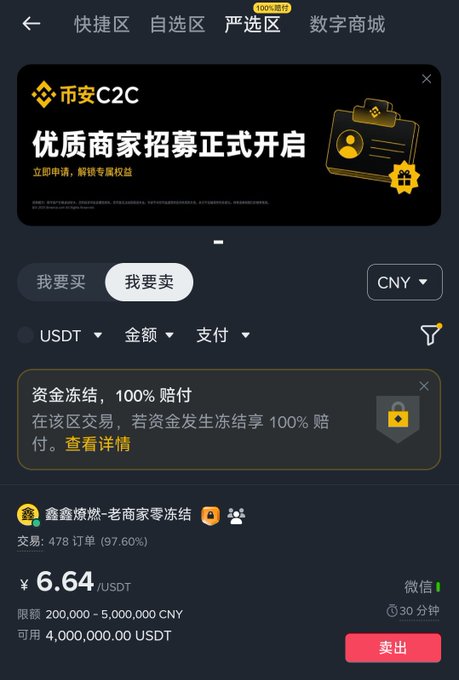 A Chinese cryptocurrency exchange app (币安) screenshot showing a C2C trading interface for selling USDT, with a price of ¥6.64/USDT, transaction limits of 200,000-5,000,000 CNY, and 478 orders completed (97.60%).