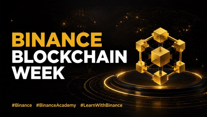 Promotional graphic for 'Binance Blockchain Week' featuring a 3D metallic cube structure with embedded golden cubes, accompanied by hashtags #Binance, #BinanceAcademy, and #LearnWithBinance.