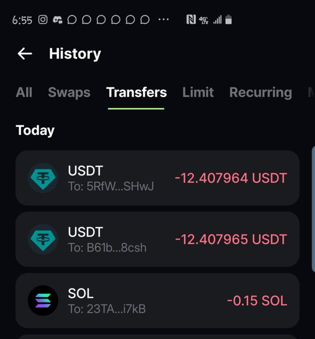 A crypto wallet transaction history screen displays today's transfers: -12.407964 USDT to 5RfW...SHwJ, -12.407965 USDT to B61b...8csh, and -0.15 SOL to 23TA...i7kB, presenting the prize payouts sent to the three giveaway winners.