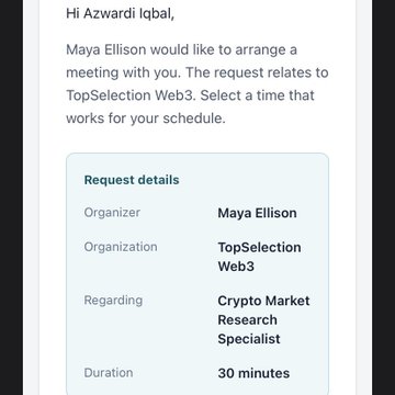 A meeting request email to Azwardi Iqbal from Maya Ellison at TopSelection Web3 regarding a 'Crypto Market Research Specialist' position, duration 30 minutes.