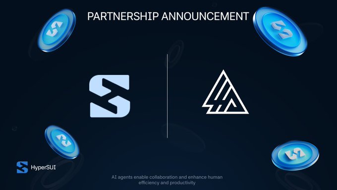 A dark blue promotional graphic titled "PARTNERSHIP ANNOUNCEMENT" displays the HyperSUI and 4AI logos side by side, framed by floating HyperSUI coin icons, with the tagline "AI agents enable collaboration and enhance human efficiency and productivity" at the bottom—visually reinforcing the announcement of a strategic partnership between the two projects to integrate AI-powered trading tools on the SUI ecosystem.