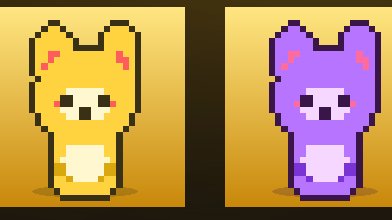 Two pixel-art creatures with dog-like faces, one yellow and one purple, shown side by side on yellow backgrounds.