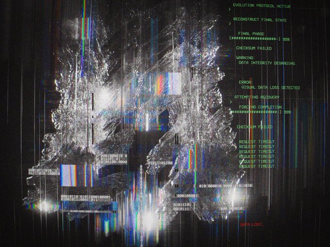 A glitch art image featuring a distorted figure overlaid with computer terminal text including 'EVOLUTION PROTOCOL ACTIVE', 'CHECKSUM FAILED', 'DATA INTEGRITY DEGRADING', and 'DATA LOST'.