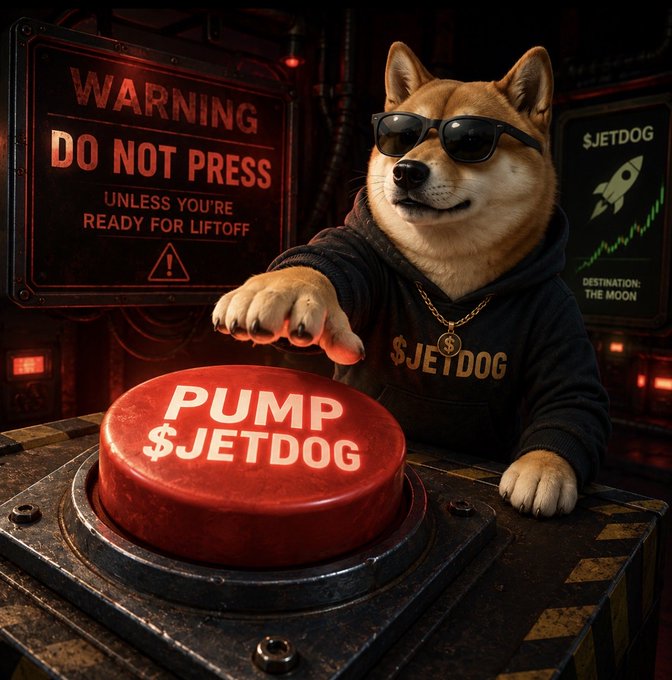 A Shiba Inu wearing sunglasses and a "$JETDOG" hoodie reaches toward a glowing red "PUMP $JETDOG" button beneath a sign reading "WARNING DO NOT PRESS UNLESS YOU'RE READY FOR LIFTOFF," with a chart in the background showing "$JETDOG DESTINATION: THE MOON." The image playfully illustrates the post's theme of defying warnings to press the button, symbolizing the risky excitement of betting on the $JETDOG memecoin's moonshot potential.