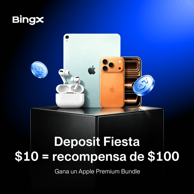 A BingX cryptocurrency exchange advertisement titled 'Deposit Fiesta' promoting that '$10 = recompensa de $100' to 'Gana un Apple Premium Bundle,' featuring iPad, iPhone, and AirPods.