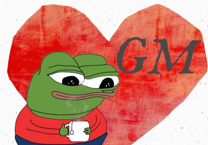 A cartoon image of the Pepe the Frog meme character in a red shirt holding a mug, set against a red heart with 'GM' written inside.