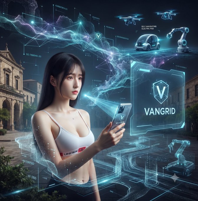A digital art piece featuring a woman in athletic wear holding a smartphone, surrounded by futuristic holographic displays showing 'VANGRID' branding, drones, a self-navigating electric pod, and robotic arms.