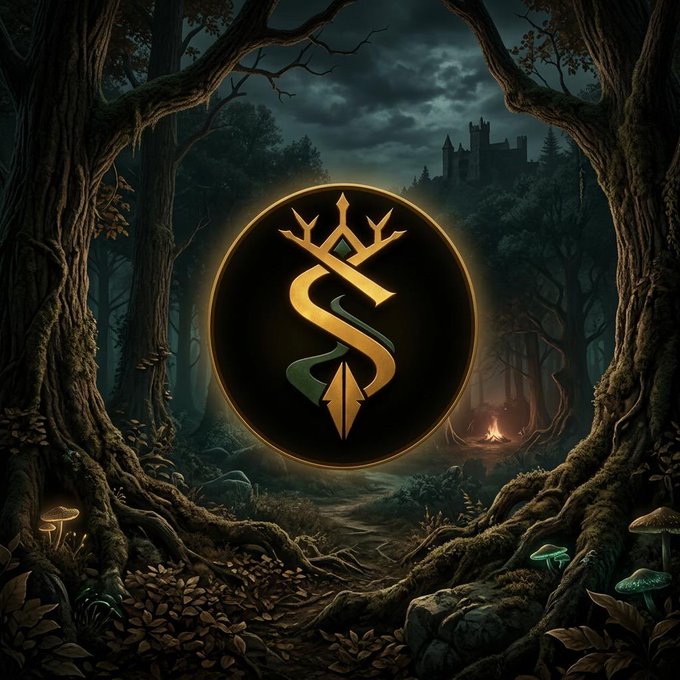 A fantasy illustration featuring a golden rune-like emblem with an 'S' and arrow design set within a dark forest frame, complete with ancient trees, glowing mushrooms, a campfire, and a distant castle under a cloudy night sky.