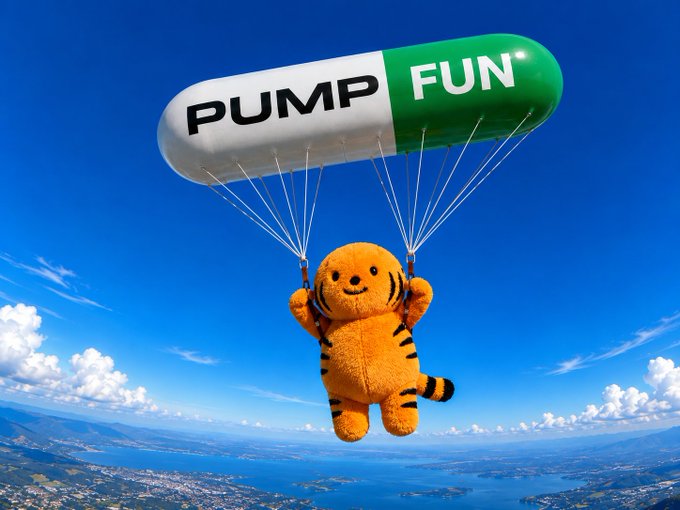 A promotional image featuring a plush tiger character descending by parachute with a 'PUMP FUN' branded canopy over a coastal landscape.