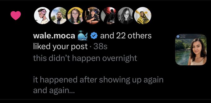 A screenshot of an Instagram notification showing that "wale.moca" and 22 others liked the user's post 38 seconds ago, with the post text reading "this didn't happen overnight / it happened after showing up again and again..." The user's caption humorously reacts to wale's like, jokingly wondering if he was about to ask if they're in Dubai.