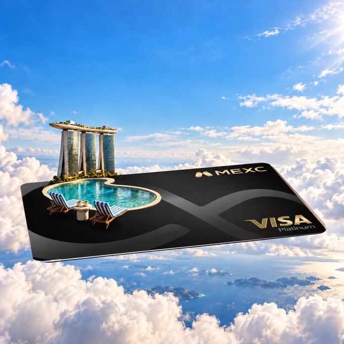A surreal MEXC Visa Platinum card floats above the clouds, featuring a rooftop infinity pool and the iconic Marina Bay Sands skyline, tying into the post's playful "side quest" at TOKEN2049 with travel-ready perks for kopi, food, or shopping.