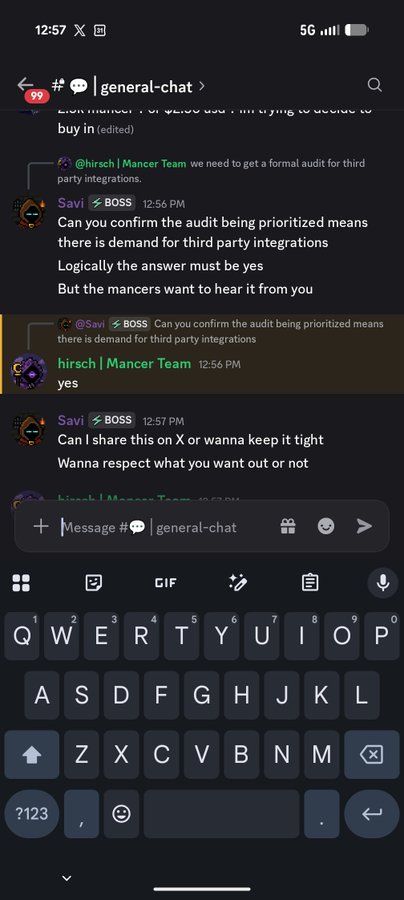 The screenshot shows a Discord chat in #general-chat where "Savi ⚡BOSS" is asking @hirsch | Mancer Team to confirm whether prioritizing an audit indicates demand for third party integrations, to which hirsch replied "yes," before asking about sharing the information publicly. This exchange relates to the post by demonstrating the direct interaction between Savi and Michael Hirsch (Mancer team) regarding audit prioritization and the ongoing business operations being discussed about the $Mancer project.