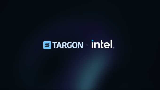 A dark gradient background displays the Targon logo alongside the Intel logo, with a small "x" between them, signifying a partnership between the two companies. The visual reinforces the post's announcement of a $50M market cap Bittensor subnet (Targon) collaborating with tech giant Intel on AI and agent infrastructure.