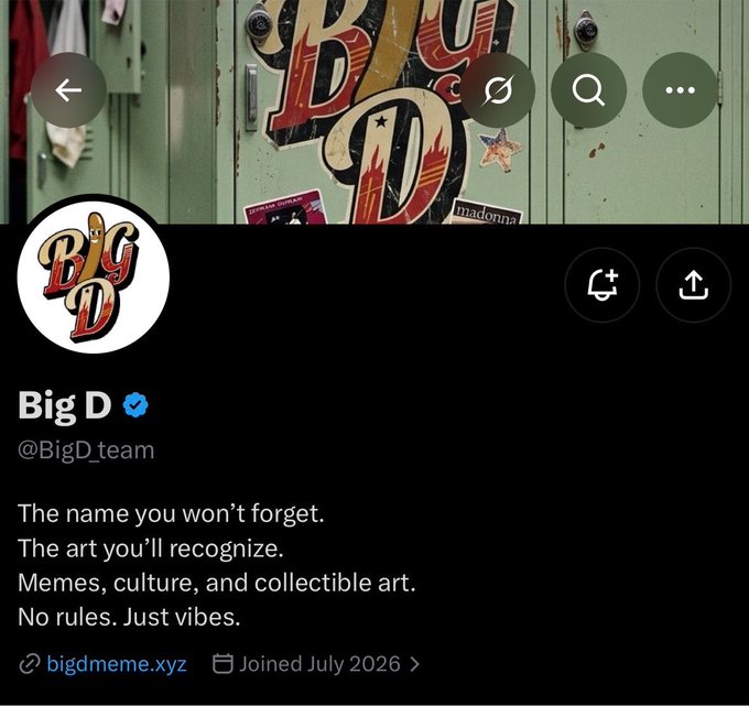 A screenshot of the verified "Big D" Twitter/X profile (@BigD_team), featuring a green locker-themed banner with retro "Big D" logo art and a bio reading "The name you won't forget. The art you'll recognize. Memes, culture, and collectible art. No rules. Just vibes." The post promotes this project as an early alpha NFT mint on Ethereum mainnet with a 6,969 supply and a 690,000 $BIGD token airdrop per mint, noting trading will be locked during the mint period.