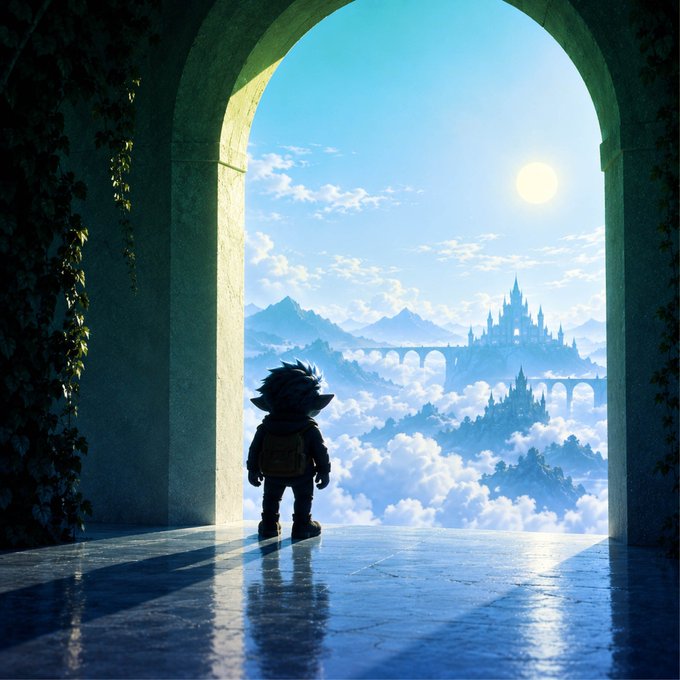 A digital fantasy illustration showing a small character with spiky hair standing in an archway, looking out over a vast cloudscape toward a distant fairytale castle and mountains.