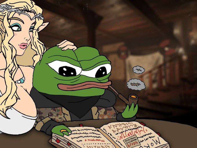 The image is a Pepe the Frog meme sitting at a tavern table with an elven woman beside him, smoking a pipe while reading a book titled "WOKES" by "MORAN," fitting the post's theme of mocking "normies" while shilling memecoins $HBULL, $BABYANSEM, and $MENSA as beta plays to $ANSEM.