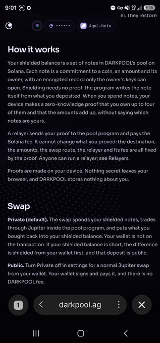 A mobile screenshot from darkpool.ag explaining 'How it works' with shielded balances committed to a coin and amount on Solana, detailing the relayer and swap processes for private and public modes.