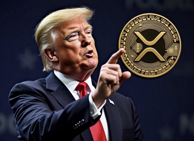 Donald Trump in a suit points upward next to a large gold cryptocurrency coin labeled with 'XRP', 'X', and 'NETWORK' imagery.