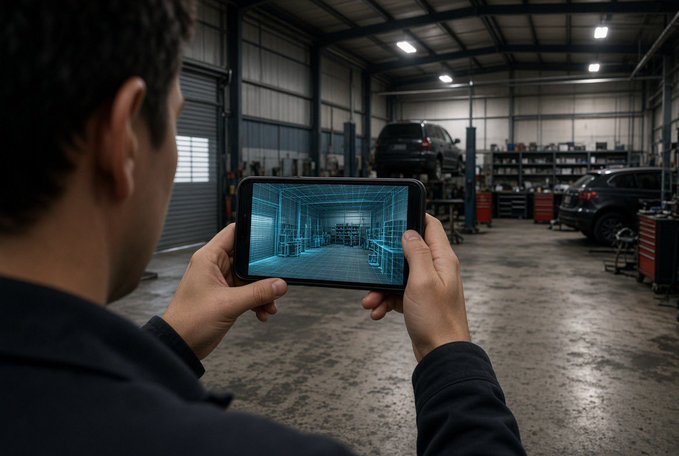 A person holds a tablet displaying a digital blueprint/3D model in cyan, appearing to scan or view an automotive repair garage with vehicles and equipment visible in the background.