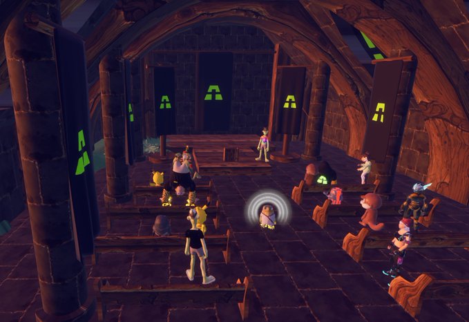 A screenshot from a video game showing several cartoonish characters gathered inside a dimly lit stone chapel adorned with green 'A' symbols on banners and walls.