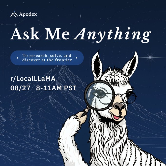 An event graphic for Apodex featuring a stylized white llama wearing glasses and holding a magnifying glass, advertising an 'Ask Me Anything' session on r/LocalLLaMA on 08/27 from 8-11AM PST.