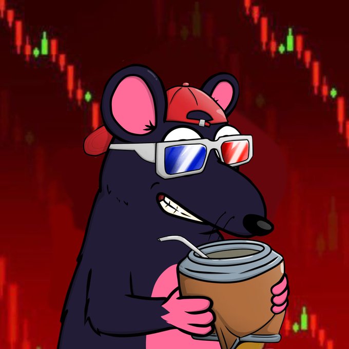 A cartoon rat wearing a red cap and 3D glasses smiles while holding a coffee cup, set against a backdrop of red and green candlestick stock charts. The image visually reinforces the post's message by depicting a cool, unbothered rat amid a bearish ("red") market crash.