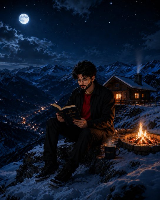 A digital artwork depicting a bearded man reading a book titled 'THE REPUBLIC PLATO' by a campfire on a snowy mountainside at night, with a cabin and moonlit sky in the background.