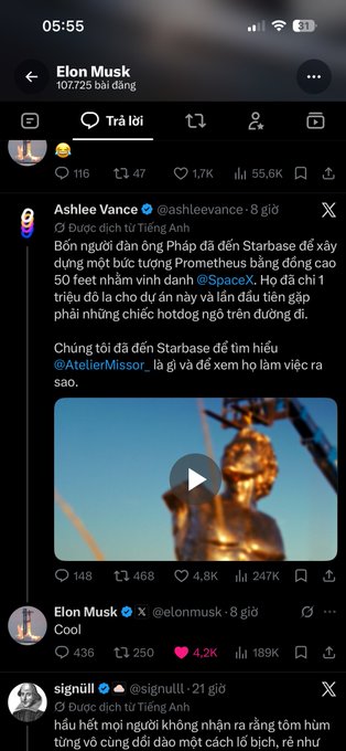 The image shows a Twitter/X feed on Elon Musk's profile featuring a post by Ashlee Vance about visiting a Starbase site to build a giant Prometheus robot statue, along with Musk's response and an @signüll post referencing $Prometheus. The thread ties into the accompanying caption's discussion of $Prometheus, highlighting community excitement and speculation around the token following Musk's growing involvement with SpaceX's Starbase.